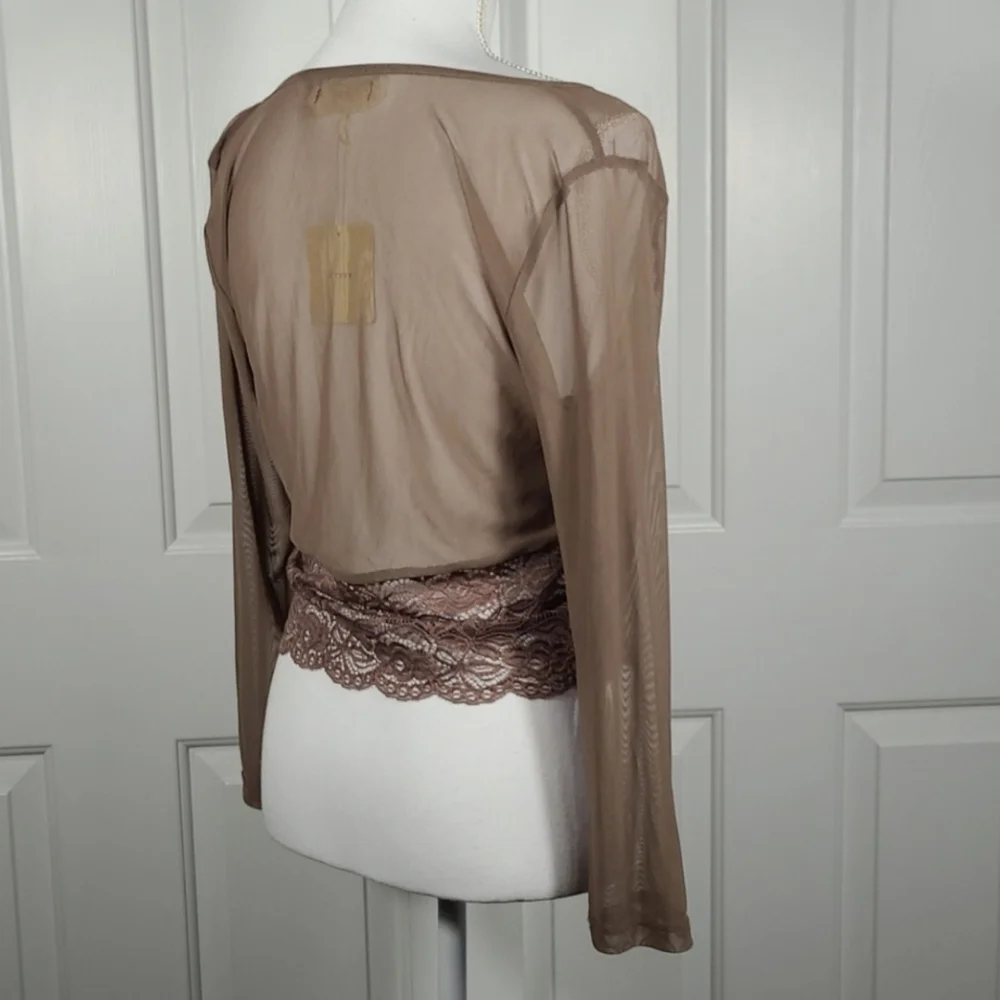 NWT A'reve Lace & Mesh Sheer Stretchy Crop Top in Brown Size Large - Picture 5 of 14
